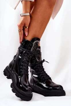 Discount Wysokie Ocieplane Botki Ze Zdobieniem Czarne Ronessa Damskie Damskie Trapery|Botki Sznurowane