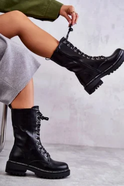 Best Boto Wysokie Ocieplane Damskie Botki Wiązane Czarne Darla