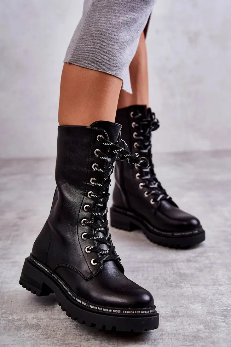 Best Boto Wysokie Ocieplane Damskie Botki Wiązane Czarne Darla