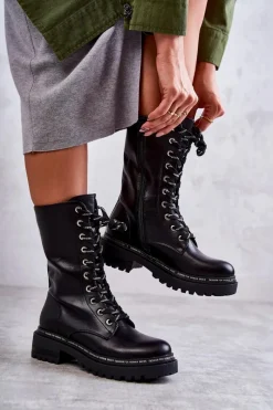 Best Boto Wysokie Ocieplane Damskie Botki Wiązane Czarne Darla