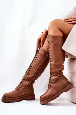 Kozaki Płaskie|Kozaki Przed Kolano>Boto Wysokie Ocieplane Wiązane Kozaki Camel Kannies