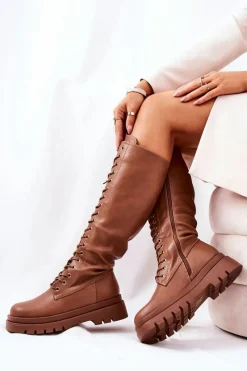 Kozaki Płaskie|Kozaki Przed Kolano>Boto Wysokie Ocieplane Wiązane Kozaki Camel Kannies