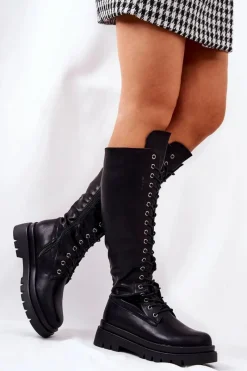 New Wysokie Ocieplane Wiązane Kozaki Czarne Kannies Damskie Kozaki Płaskie|Kozaki Przed Kolano