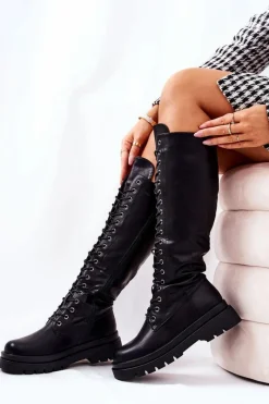 New Wysokie Ocieplane Wiązane Kozaki Czarne Kannies Damskie Kozaki Płaskie|Kozaki Przed Kolano