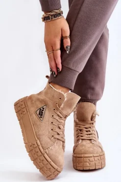 Outlet Wysokie Ocieplane Zamszowe Trampki Beżowe Evren Damskie Trampki Ocieplane|Trampki Damskie Wysokie