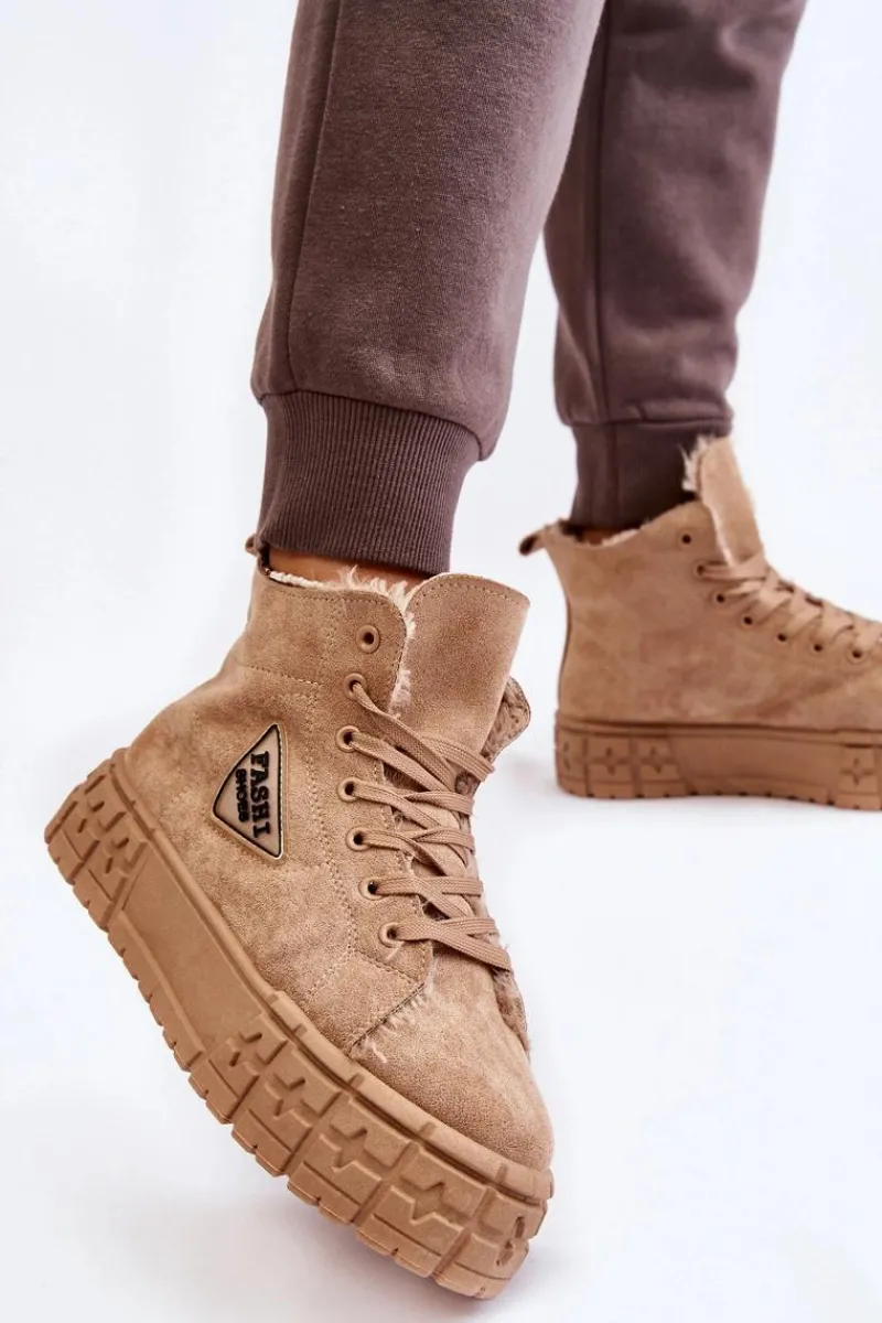 Outlet Wysokie Ocieplane Zamszowe Trampki Beżowe Evren Damskie Trampki Ocieplane|Trampki Damskie Wysokie