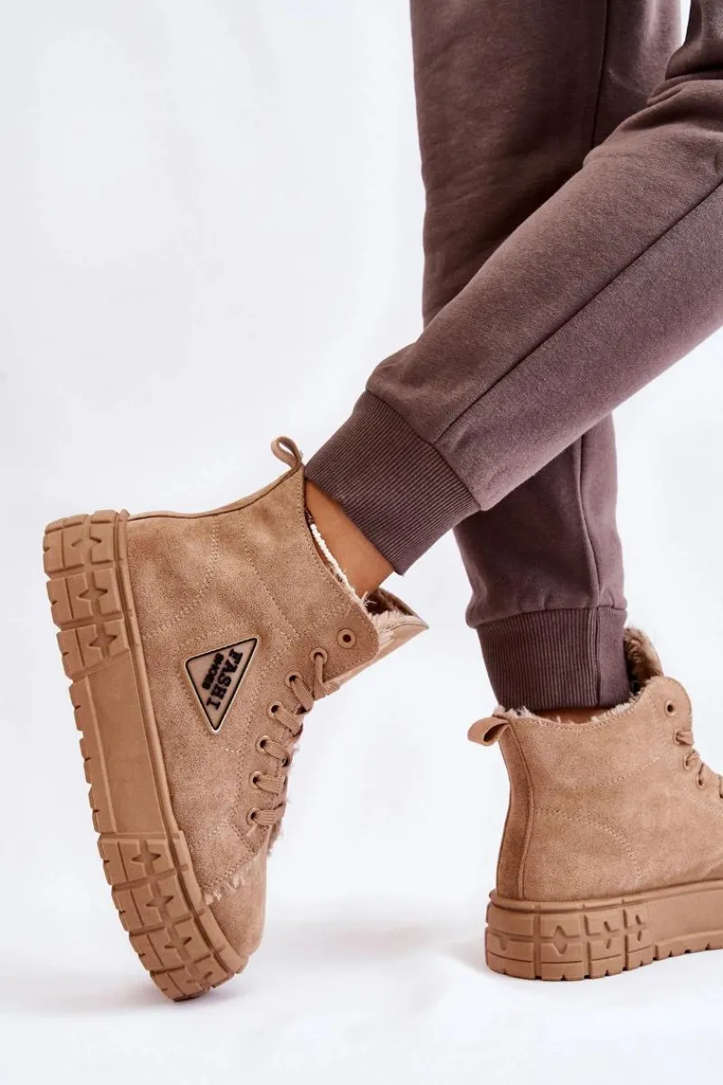 Outlet Wysokie Ocieplane Zamszowe Trampki Beżowe Evren Damskie Trampki Ocieplane|Trampki Damskie Wysokie
