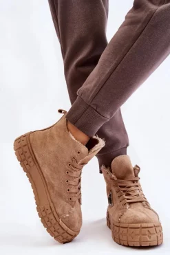 Outlet Wysokie Ocieplane Zamszowe Trampki Beżowe Evren Damskie Trampki Ocieplane|Trampki Damskie Wysokie