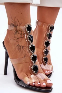 Discount Wysokie Sandałki Szpilki D&A MR-16 Czarne Damskie Sandały Na Obcasie