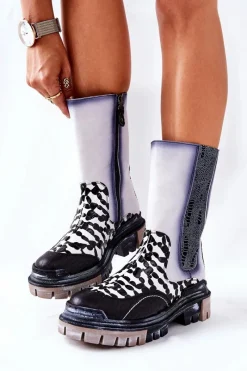 Botki Maciejka|Czarne Botki>Maciejka Wysokie Skórzane Botki Czarno-Białe 05141-11