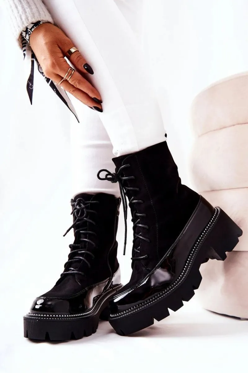 Sale Wysokie Skórzane Botki Na Suwak Czarne Solutia Damskie Botki Sznurowane|Czarne Botki