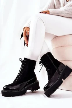 Sale Wysokie Skórzane Botki Na Suwak Czarne Solutia Damskie Botki Sznurowane|Czarne Botki