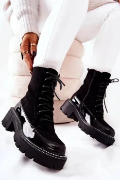 Sale Wysokie Skórzane Botki Na Suwak Czarne Solutia Damskie Botki Sznurowane|Czarne Botki