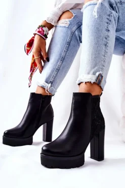 Clearance Wysokie Skórzane Botki Na Słupku Czarne Diomice Damskie Botki Na Słupku|Czarne Botki