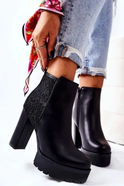 Clearance Wysokie Skórzane Botki Na Słupku Czarne Diomice Damskie Botki Na Słupku|Czarne Botki