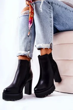 Clearance Wysokie Skórzane Botki Na Słupku Czarne Diomice Damskie Botki Na Słupku|Czarne Botki