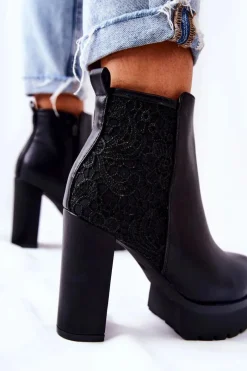 Clearance Wysokie Skórzane Botki Na Słupku Czarne Diomice Damskie Botki Na Słupku|Czarne Botki