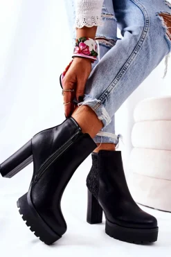 Clearance Wysokie Skórzane Botki Na Słupku Czarne Diomice Damskie Botki Na Słupku|Czarne Botki