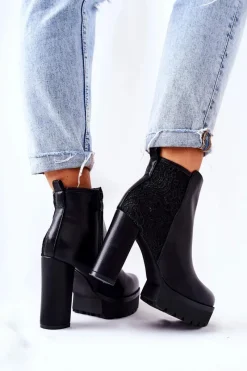Clearance Wysokie Skórzane Botki Na Słupku Czarne Diomice Damskie Botki Na Słupku|Czarne Botki