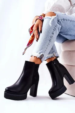 Clearance Wysokie Skórzane Botki Na Słupku Czarne Diomice Damskie Botki Na Słupku|Czarne Botki