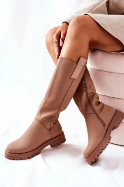Kozaki Płaskie|Kozaki Przed Kolano>Boto Wysokie Skórzane Kozaki Beżowe Trishia