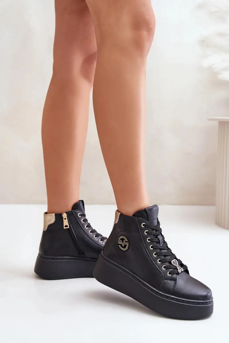 Clearance Wysokie Skórzane Sneakersy Damskie Na Platformie Vinceza 66707 Czarne Damskie Sneakersy Damskie