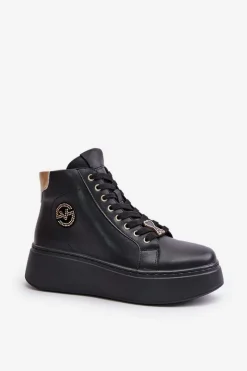 Clearance Wysokie Skórzane Sneakersy Damskie Na Platformie Vinceza 66707 Czarne Damskie Sneakersy Damskie