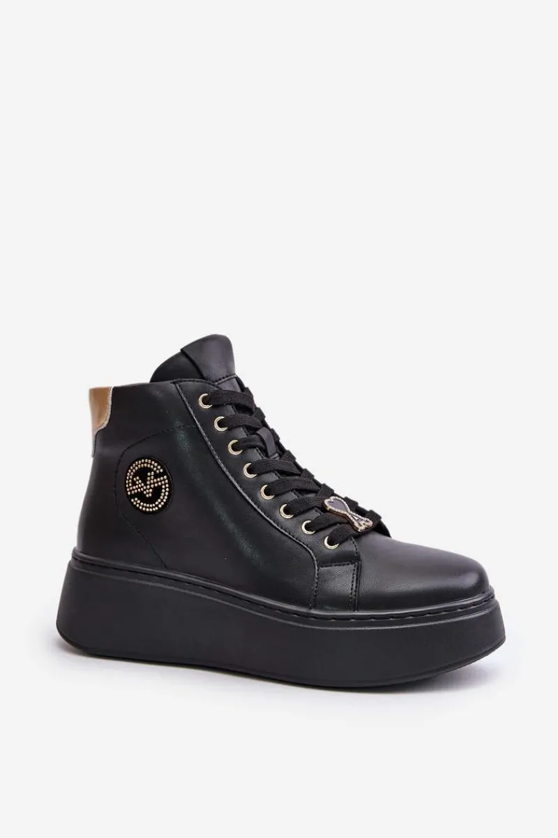 Clearance Wysokie Skórzane Sneakersy Damskie Na Platformie Vinceza 66707 Czarne Damskie Sneakersy Damskie