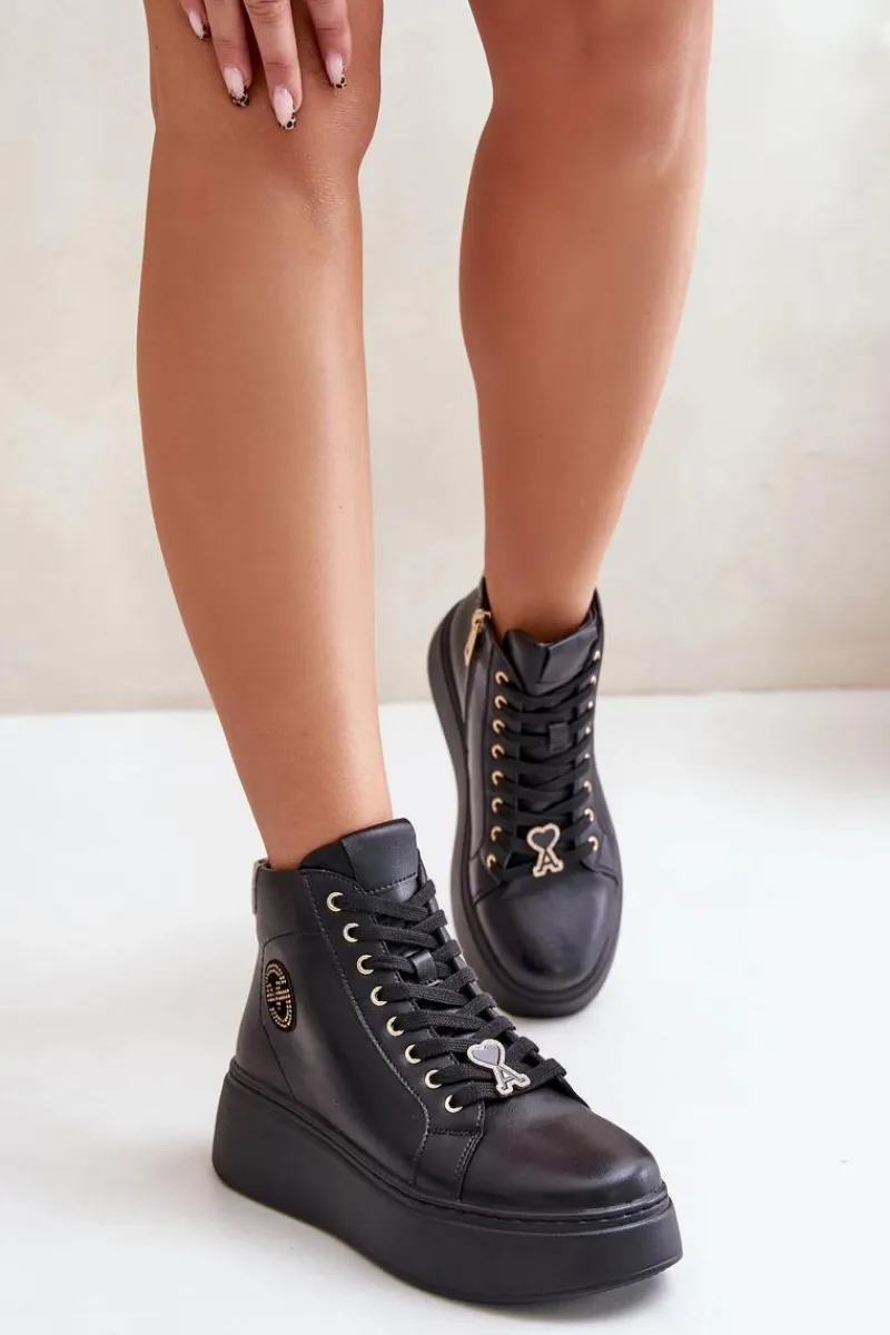 Clearance Wysokie Skórzane Sneakersy Damskie Na Platformie Vinceza 66707 Czarne Damskie Sneakersy Damskie