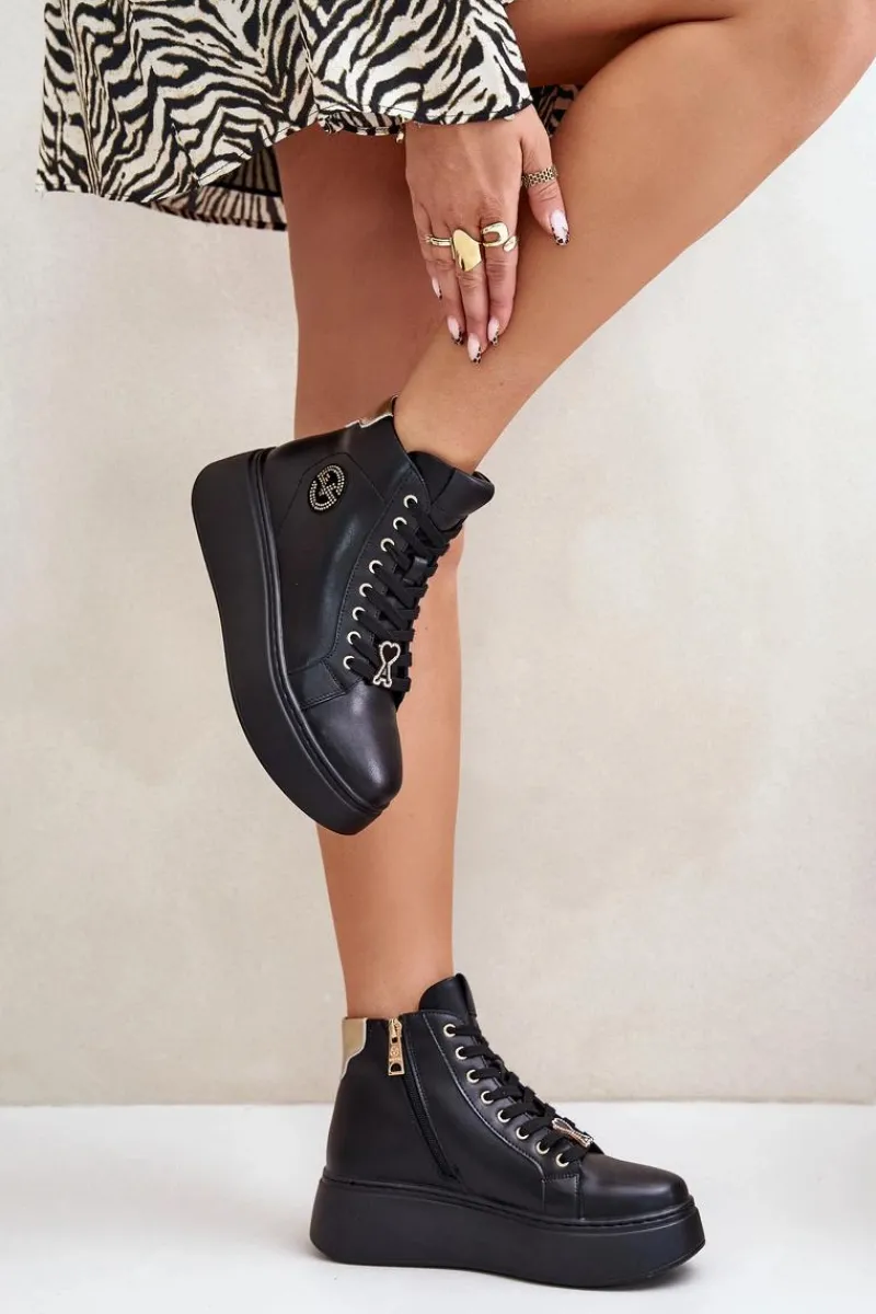 Clearance Wysokie Skórzane Sneakersy Damskie Na Platformie Vinceza 66707 Czarne Damskie Sneakersy Damskie