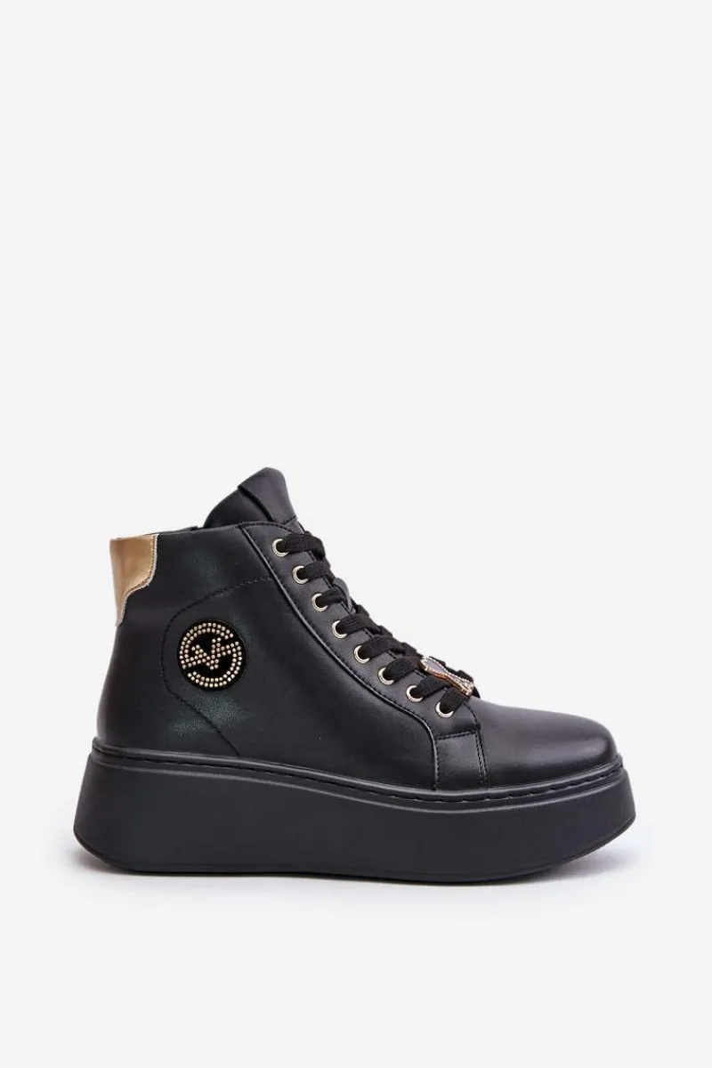 Clearance Wysokie Skórzane Sneakersy Damskie Na Platformie Vinceza 66707 Czarne Damskie Sneakersy Damskie