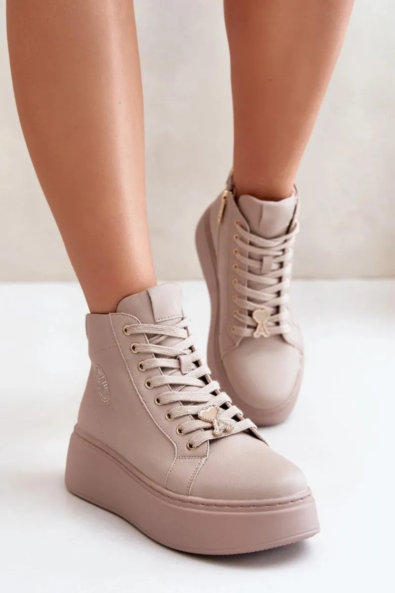 Sneakersy Damskie>Buty damskie Vinceza Wysokie Skórzane Sneakersy Damskie Na Platformie Vinceza 66707 Beżowe