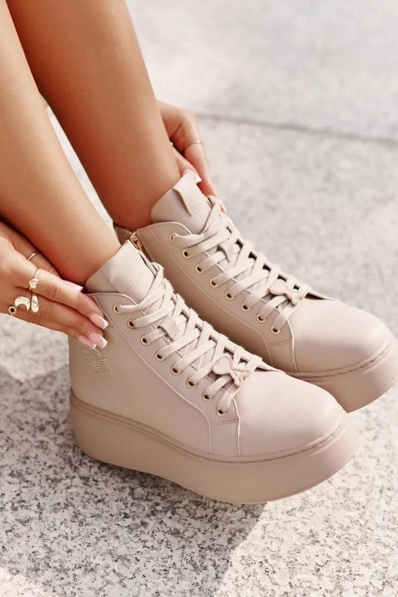 Sneakersy Damskie>Buty damskie Vinceza Wysokie Skórzane Sneakersy Damskie Na Platformie Vinceza 66707 Beżowe