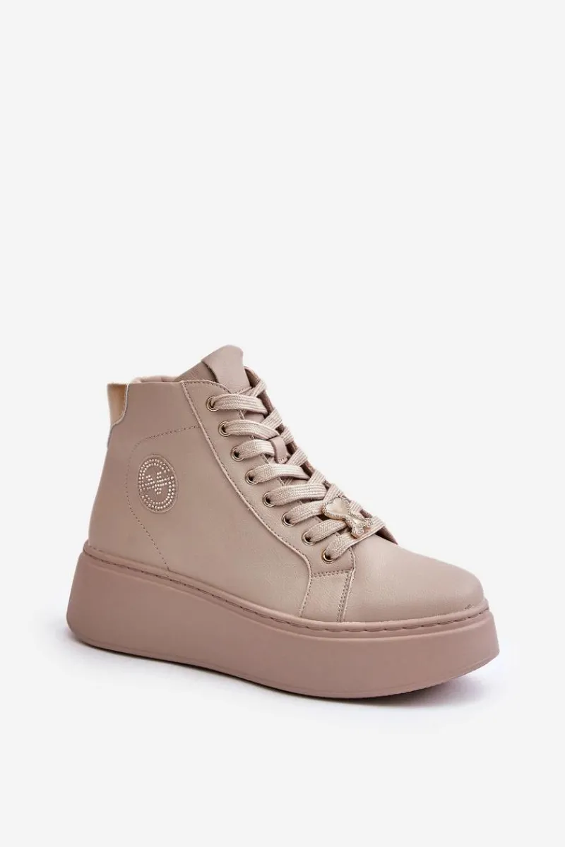 Sneakersy Damskie>Buty damskie Vinceza Wysokie Skórzane Sneakersy Damskie Na Platformie Vinceza 66707 Beżowe