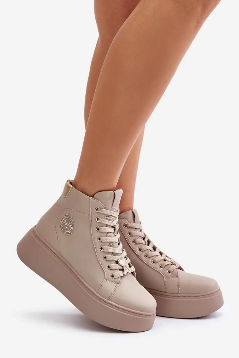 Sneakersy Damskie>Buty damskie Vinceza Wysokie Skórzane Sneakersy Damskie Na Platformie Vinceza 66707 Beżowe