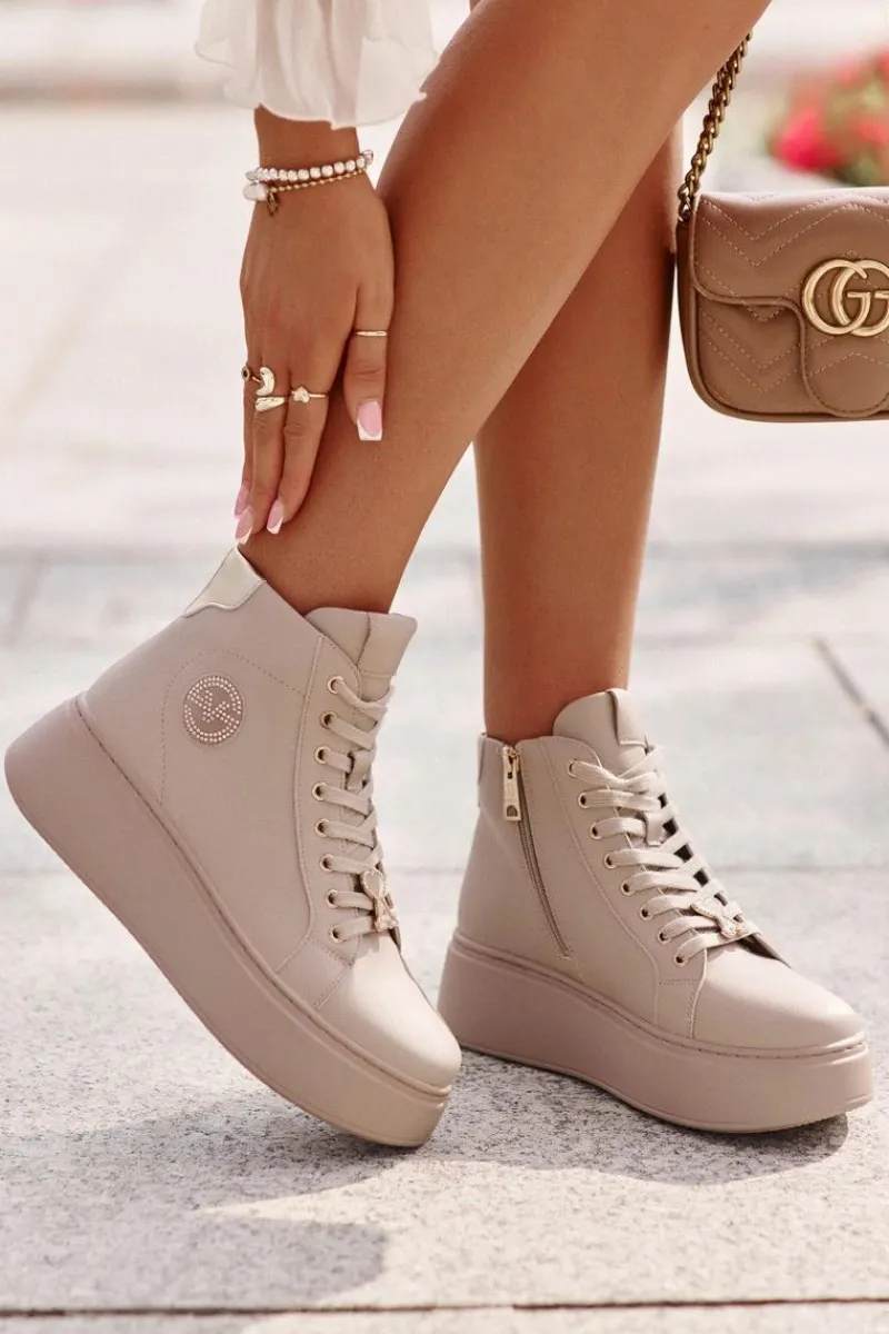 Sneakersy Damskie>Buty damskie Vinceza Wysokie Skórzane Sneakersy Damskie Na Platformie Vinceza 66707 Beżowe