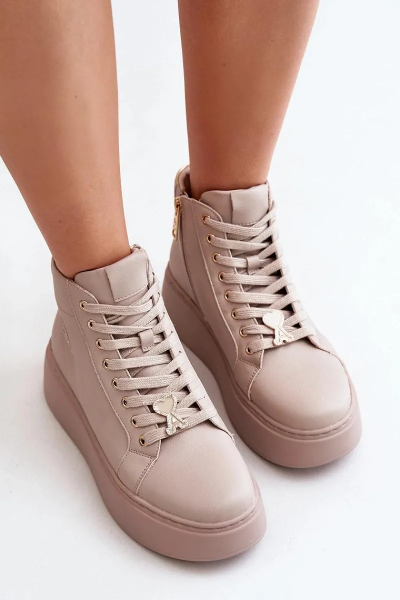 Sneakersy Damskie>Buty damskie Vinceza Wysokie Skórzane Sneakersy Damskie Na Platformie Vinceza 66707 Beżowe