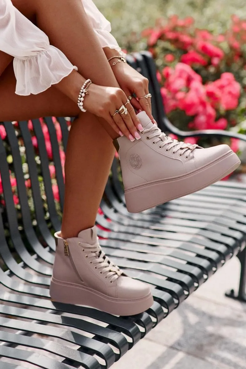 Sneakersy Damskie>Buty damskie Vinceza Wysokie Skórzane Sneakersy Damskie Na Platformie Vinceza 66707 Beżowe