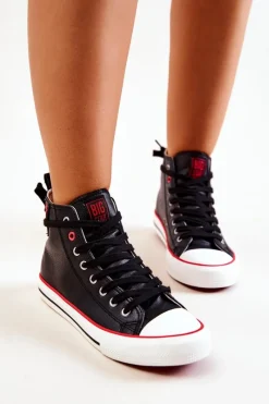 Trampki Damskie Big Star|Trampki Damskie Wysokie>Big Star Shoes Wysokie Skórzane Trampki Big Star JJ274131 Czarne