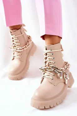 Hot Wysokie Stylowe Botki Beżowe Grail Damskie Botki Ocieplane|Botki Zimowe Damskie