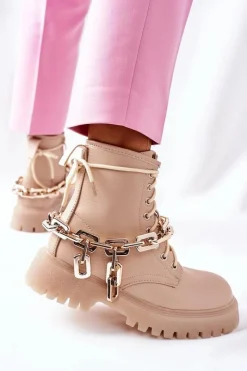 Hot Wysokie Stylowe Botki Beżowe Grail Damskie Botki Ocieplane|Botki Zimowe Damskie
