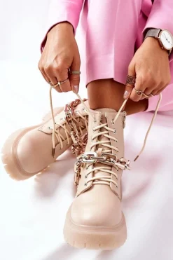 Hot Wysokie Stylowe Botki Beżowe Grail Damskie Botki Ocieplane|Botki Zimowe Damskie