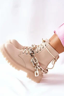 Hot Wysokie Stylowe Botki Beżowe Grail Damskie Botki Ocieplane|Botki Zimowe Damskie