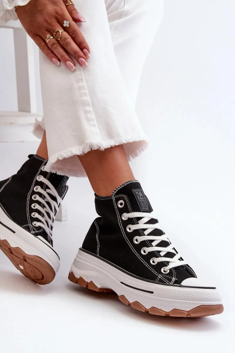 Trampki Damskie Wysokie>Evento Wysokie Trampki Damskie Na Platformie Czarne Valvia