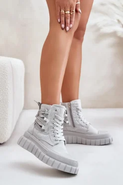 New Boto Wysokie Trampki Damskie Na Masywnej Platformie Ze Zdobieniem Szare Zaidria