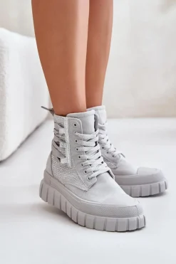 New Boto Wysokie Trampki Damskie Na Masywnej Platformie Ze Zdobieniem Szare Zaidria