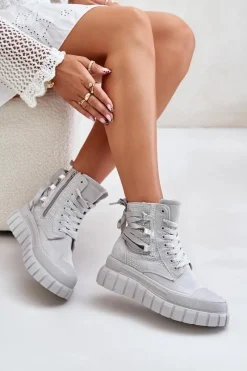 New Boto Wysokie Trampki Damskie Na Masywnej Platformie Ze Zdobieniem Szare Zaidria