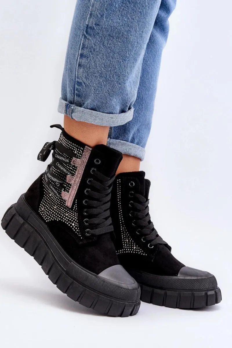 Trampki Damskie Wysokie>Boto Wysokie Trampki Damskie Na Masywnej Platformie Czarne Wonise