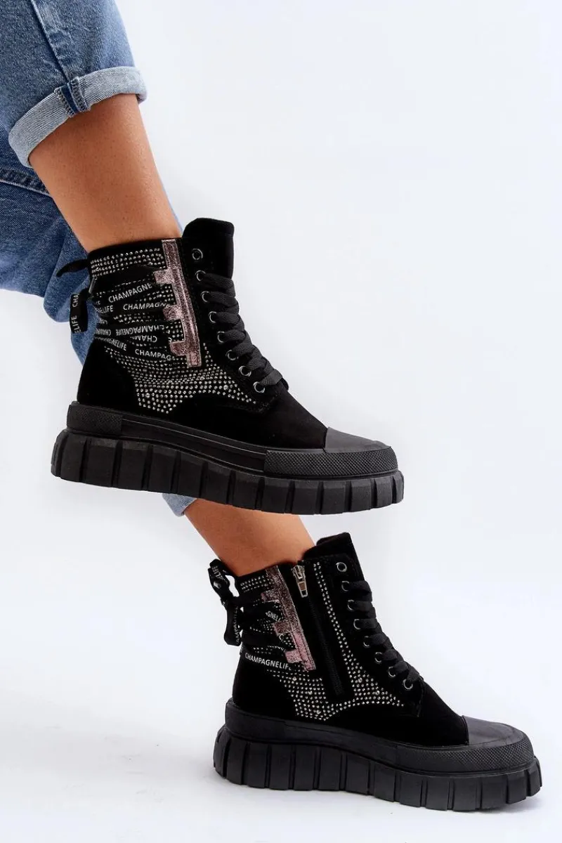 Trampki Damskie Wysokie>Boto Wysokie Trampki Damskie Na Masywnej Platformie Czarne Wonise