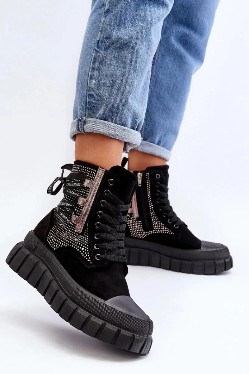 Trampki Damskie Wysokie>Boto Wysokie Trampki Damskie Na Masywnej Platformie Czarne Wonise